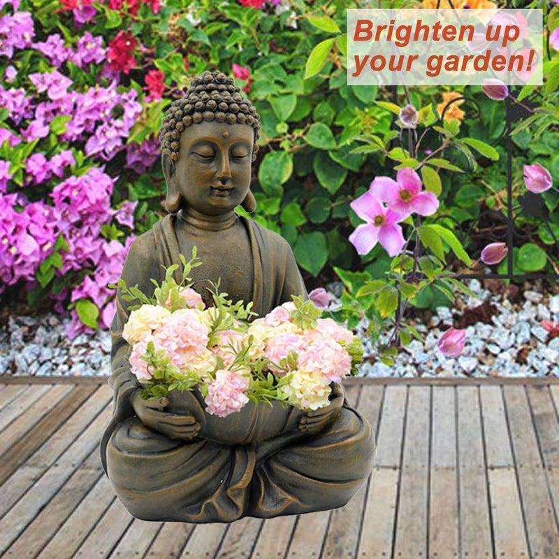 Goodeco 12" Meditating Buddha Statue Figurine w/Lotus - Zen Garden Statues for Indoor/Outdoor Decor- with Magical Glow in Dark Pebbles & Glass Stones, Ideal Gifts for Home (Brown) - Image 5